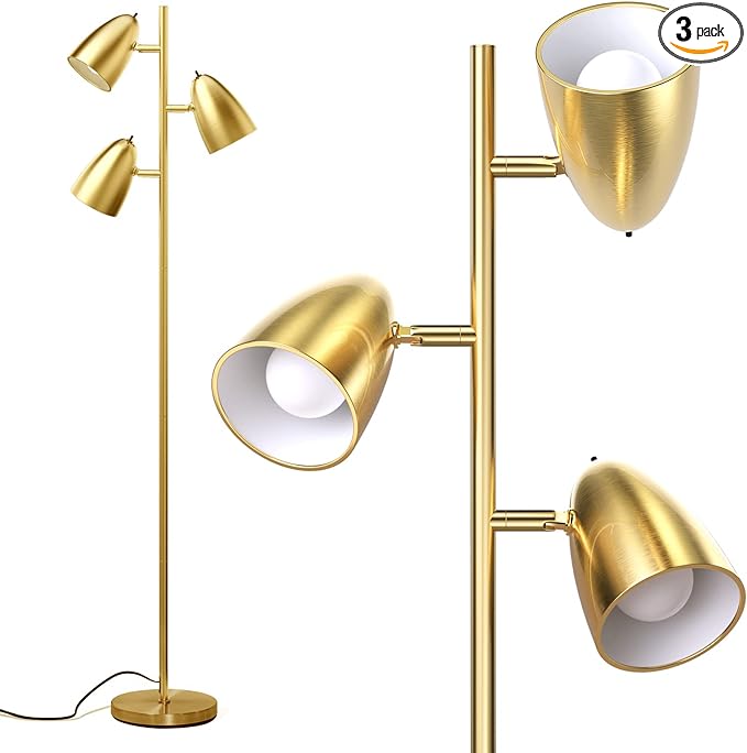 addlon Tree Floor Lamp with 3 Adjustable Rotating Lights and Matching LED Bulbs, Standing Tall Pole Lamps for Living Room, Bedroom, Home, Office - Brass Gold - LeafyLoom