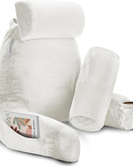 Clara Clark Reading Pillow, Large Back Pillow for Sitting Up in Bed, Memory Foam Back Support Pillow, Reading Pillows for Sitting in Bed Adult, White Sit Up Pillow for Bed Chair with Arms and Pockets - LeafyLoom