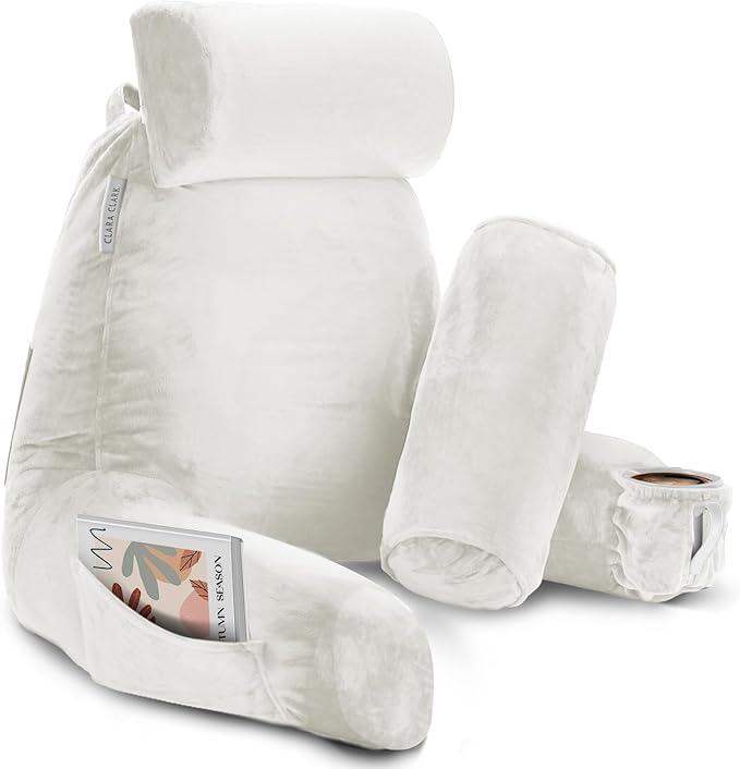 Clara Clark Reading Pillow, Large Back Pillow for Sitting Up in Bed, Memory Foam Back Support Pillow, Reading Pillows for Sitting in Bed Adult, White Sit Up Pillow for Bed Chair with Arms and Pockets - LeafyLoom