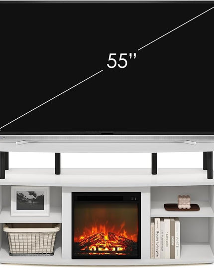 Furinno Jensen Open Shelving Storage Fireplace TV Entertainment Center for TV up to 55 Inch, Solid White/Black - LeafyLoom