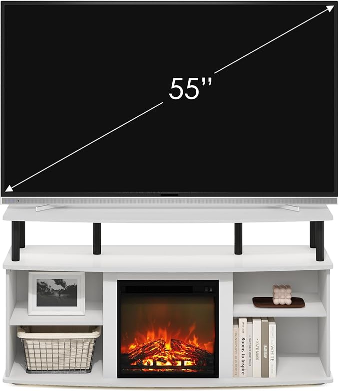 Furinno Jensen Open Shelving Storage Fireplace TV Entertainment Center for TV up to 55 Inch, Solid White/Black - LeafyLoom
