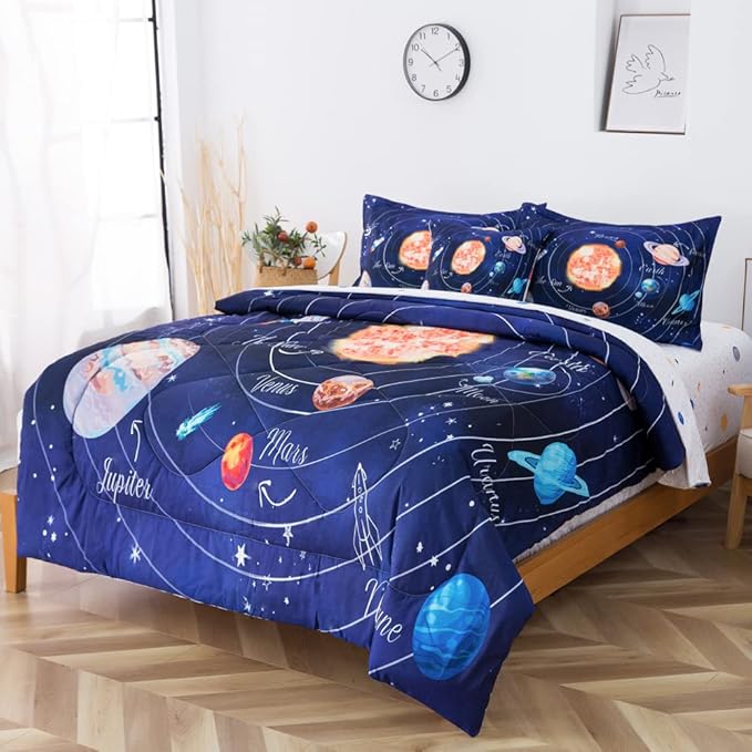 ADASMILE A & S Solar System Comforter Set Twin Outer Space Comforter for Kids 6 Pcs Bed in A Bag Twin Comforter Set for Boys Space Bed Set Galaxy Comforter with Star Moon Sheets for Kids Home Decor - LeafyLoom
