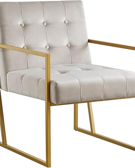24KF Modern Taupe Velvet Button Tufted Accent Chair with Golden Metal Stand, Decorative Furniture Chairs for Living Room Bedroom - Taupe - LeafyLoom