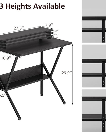 COTUBLR Small Desk, 27.5 Inch Small Computer Desk for Small Spaces, Computer Desk with Adjustable Monitor Stand, Compact Desk with Storage, Tiny Desk Study Desk for Bedroom Home Office, Black - LeafyLoom
