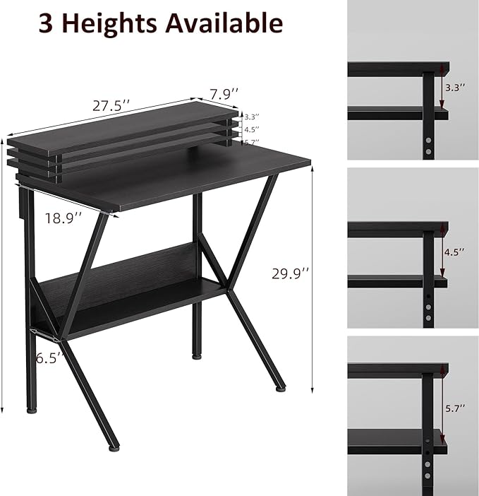 COTUBLR Small Desk, 27.5 Inch Small Computer Desk for Small Spaces, Computer Desk with Adjustable Monitor Stand, Compact Desk with Storage, Tiny Desk Study Desk for Bedroom Home Office, Black - LeafyLoom