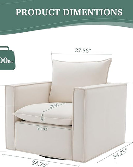 Swivel Accent Chair, 34 Inches Wide Upholstered Arm Chair with Plump Back Pillow, Modern Sofa Living Room Chair for Bedroom, Corner, Reading Nook-Beige - LeafyLoom