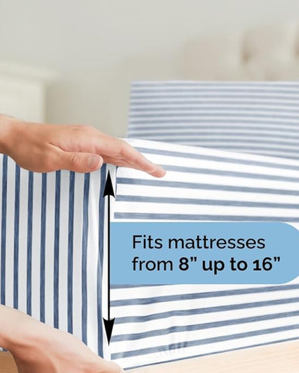 Cal King Size 4 Piece Sheet Set - Comfy Breathable & Cooling Sheets - Hotel Luxury Bed Sheets for Women & Men - Deep Pockets, Easy-Fit, Soft & Wrinkle Free Sheets - Blue Stripes Oeko-Tex Bed Sheet Set - LeafyLoom