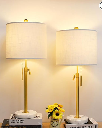 Lamp Modern Set of 2: 22" to 30" Height Adjustable Pull Chain Switch for Living Room Bedroom End Table, Marble Base White Linen Shade Golden Pole Nightstand Lamp Brass for Office, Bedside Table - LeafyLoom