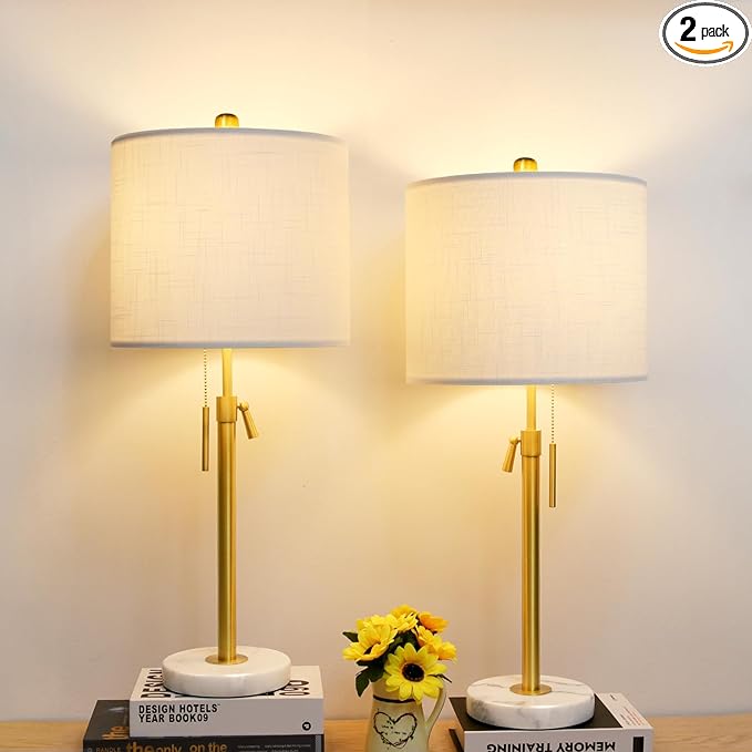Lamp Modern Set of 2: 22" to 30" Height Adjustable Pull Chain Switch for Living Room Bedroom End Table, Marble Base White Linen Shade Golden Pole Nightstand Lamp Brass for Office, Bedside Table - LeafyLoom