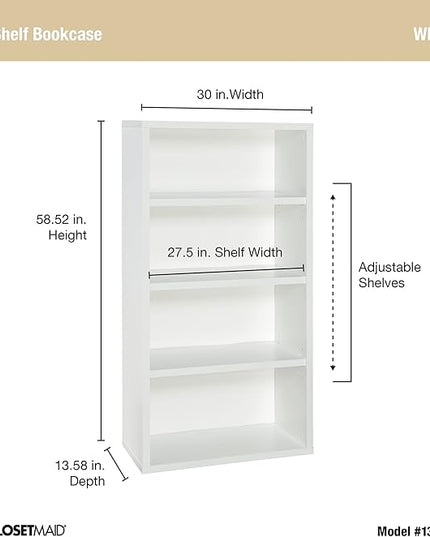ClosetMaid Bookshelf with 4 Shelf Tiers, Adjustable Shelves, Tall Bookcase Sturdy Wood with Closed Back Panel, White Finish - LeafyLoom