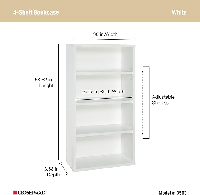 ClosetMaid Bookshelf with 4 Shelf Tiers, Adjustable Shelves, Tall Bookcase Sturdy Wood with Closed Back Panel, White Finish - LeafyLoom