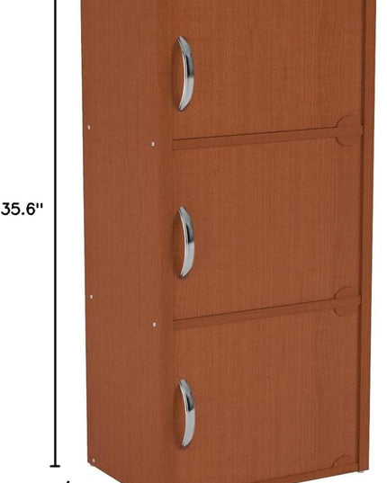 HODEDAH 3 Door Bookcase Cabinet, Cherry - LeafyLoom