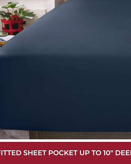 Mellanni RV Short Queen Sheets - 4 PC Iconic Collection Bedding Sheets & Pillowcases - Hotel Luxury, Extra Soft, Cooling Bed Sheets - Deep Pocket up to 10 inch (RV/Short Queen, Navy Blue) - LeafyLoom