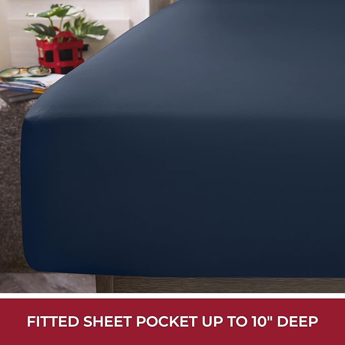 Mellanni RV Short Queen Sheets - 4 PC Iconic Collection Bedding Sheets & Pillowcases - Hotel Luxury, Extra Soft, Cooling Bed Sheets - Deep Pocket up to 10 inch (RV/Short Queen, Navy Blue) - LeafyLoom