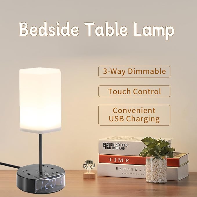Touch Control Nightstand Light Bedside Table Lamp with USB C Charging Ports Alarm Clock 3 Way Dimmable Lamp for Bedroom Living Room Home… - LeafyLoom