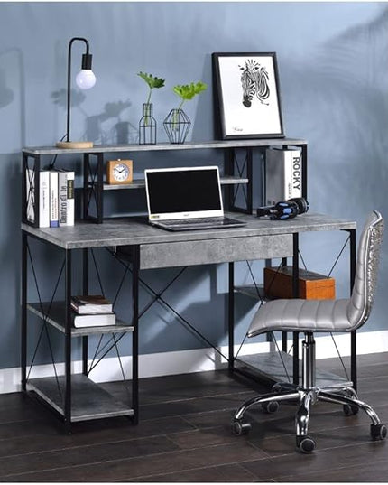 Acme Amiel Wooden 1-Drawer Writing Desk in Faux Concrete and Black - LeafyLoom