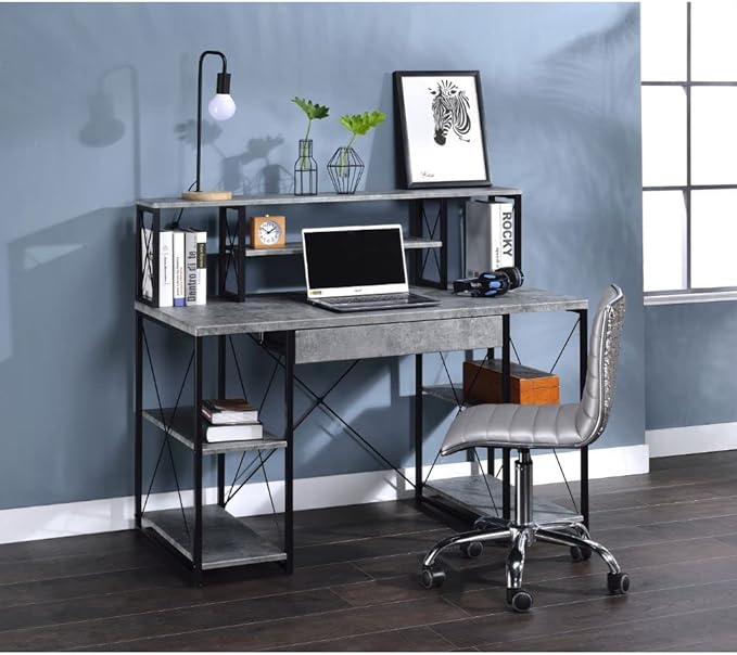 Acme Amiel Wooden 1-Drawer Writing Desk in Faux Concrete and Black - LeafyLoom
