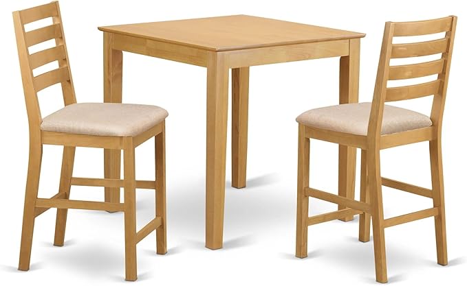 East West Furniture PBCF3-OAK-C 3 Piece Counter Height Pub Set for Small Spaces Contains a Square Kitchen Table and 2 Linen Fabric Dining Room Chairs, 36x36 Inch - LeafyLoom
