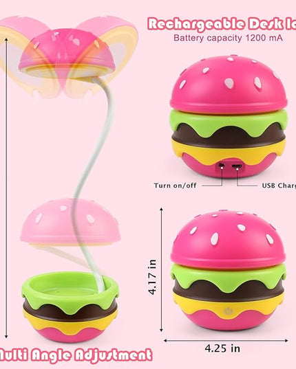 Cute Desk Lamp for Kids, Hamburger Girls Small Desk Lamps Rechargeable with Dimmable Touch Adjustable Neck, Kawaii Desk Lamp Night Lights,Girl Desk Accessories Kawaii Room Decor for Kid Gifts - LeafyLoom