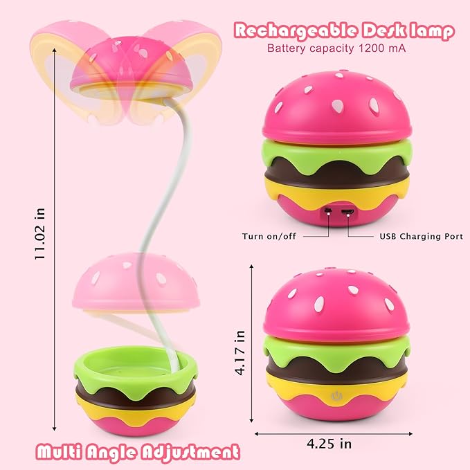 Cute Desk Lamp for Kids, Hamburger Girls Small Desk Lamps Rechargeable with Dimmable Touch Adjustable Neck, Kawaii Desk Lamp Night Lights,Girl Desk Accessories Kawaii Room Decor for Kid Gifts - LeafyLoom