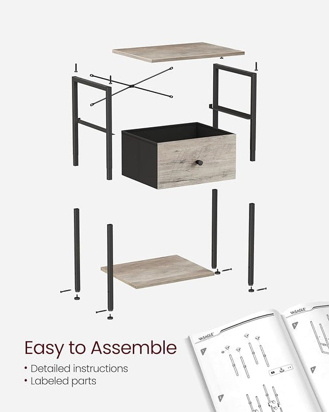 VASAGLE Nightstands, Set of 2, Side Table with Fabric Drawer, 24-Inch Tall End Table with Storage Shelf, Bedroom, Greige and Black ULGS221B02 - LeafyLoom
