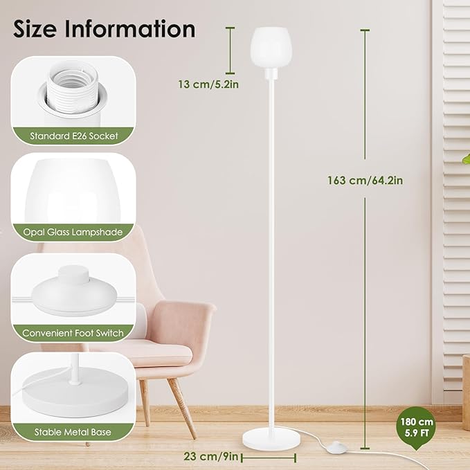 Floor Lamps for Living Room with 3 Color Temps, LED Standing Lamp with White Opal Glass Lampshade, Minimalist Tall Lamp with Foot Switch, Pole Lamp for Office Bedroom Dining Room, 9W LED Bulb Included - LeafyLoom