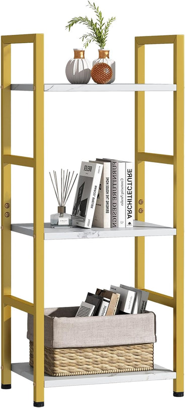 Bookshelf Storage Shelf Bookcase, 3 Tier Industrial Bookcase,Small Book case for Living Room, Bedroom, and Home Office, Easy Assembly Free Combination Multi-Functional Organizer(3 Tier,Gold) - LeafyLoom