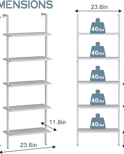 aboxoo Ladder Shelf White Wooden Bookshelf 5-Tier Wall-Mounted Open Wood Rack Industrial Modern Plant Flower Stand Utility Organizer Bookcase Metal Frame Furniture Office Kitchen Bedroom - LeafyLoom