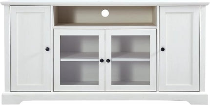 60 Inch TV Stand, Television Stands with 2 Tempered Glass Doors, Adjustable Panels and Open Style Cabinet, Entertainment Center for Living Room and Bedroom, White - LeafyLoom