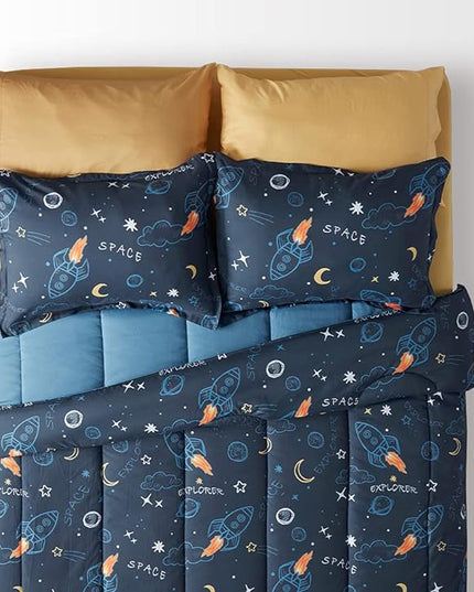 SLEEP ZONE Kids Twin Bedding Comforter Set - Super Cute & Soft Kids Bedding 5 Pieces Set with Comforter, Sheet, Pillowcase & Sham (Space Rocket) - LeafyLoom