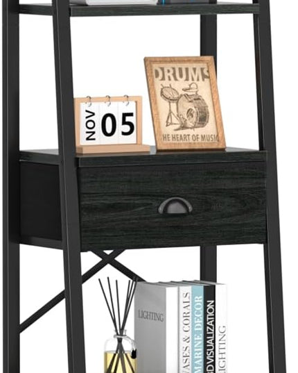 Furologee 5 Tier BookShelf, Ladder Shelf with Drawer, Tall Bookcase Corner Shelf, Narrow Shelf Industrial Display Standing Units for Home Office, Living Room, Bedroom, Kitchen, Black Oak - LeafyLoom