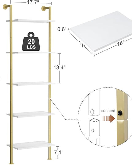 5-Tier Bookshelf Solid Wood Ladder Shelf, Narrow Book shelf Display Shelf, Wooden Ladder Shelf Bookcase, Wall Mount Ladder Shelf, Storage Rack for Living Room, Bedroom, Bathroom, White and Gold - LeafyLoom