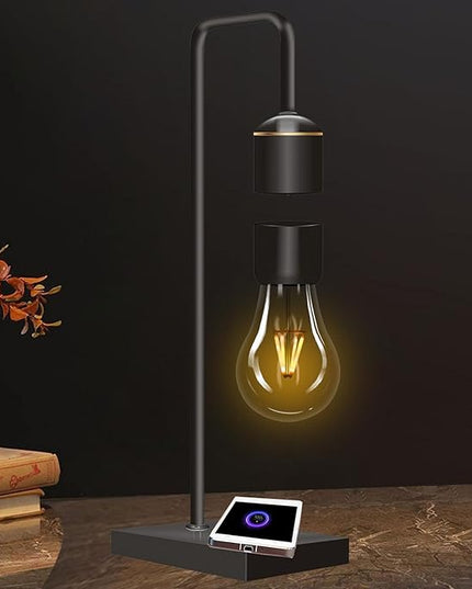 Magnetic Levitating Light Bulb with Luxury Wireless Charging Pad (Apple/Android) Levitation Plastic Black Floating Table Lamp White LED Night Light for Bedrooms Desk Toys Office Gifts - LeafyLoom