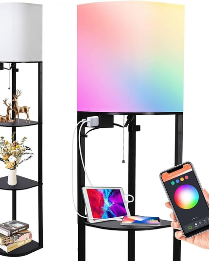 GAOMON Floor lamp with Shelves, Smart RGB Shelf Floor Lamp with 2 USB Ports & 1 Power Outlet, Display for Bedroom,Living Room, and Office - Classic Black - LeafyLoom