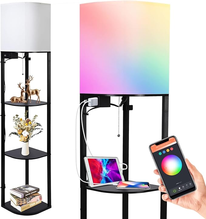 GAOMON Floor lamp with Shelves, Smart RGB Shelf Floor Lamp with 2 USB Ports & 1 Power Outlet, Display for Bedroom,Living Room, and Office - Classic Black - LeafyLoom