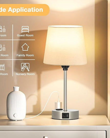 Table Lamps for Bedrooms Set of 2 Bedside - Nightstand Bedroom Lamp with USB C Port and AC Outlet Charging, Dimmable Touch Small End Side Lamp, Grey Night Stand Light for Kid/Guest Room/Living Room - LeafyLoom