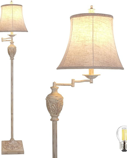 Traditional LED Floor Lamp with 350° Adjustable Swing Arm Lamp – Vintage Pole lamp Swing arm for Living Room, Bedroom and Office – Rustic Upright Floor Light for Home Décor with Silk Fabric Shade - LeafyLoom