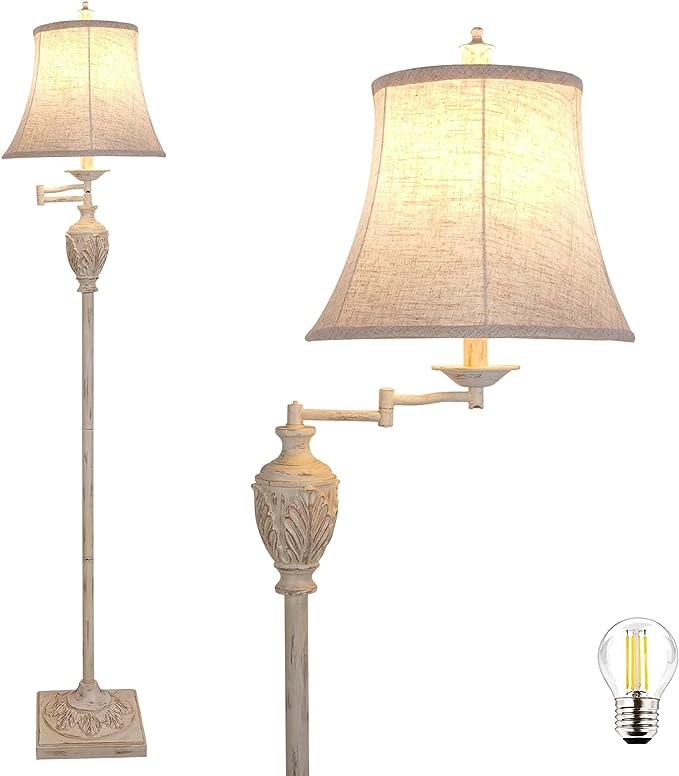Traditional LED Floor Lamp with 350° Adjustable Swing Arm Lamp – Vintage Pole lamp Swing arm for Living Room, Bedroom and Office – Rustic Upright Floor Light for Home Décor with Silk Fabric Shade - LeafyLoom