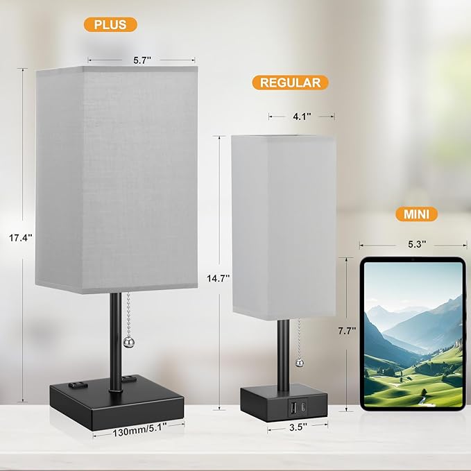 aooshine Grey Table Lamp for Bedroom - 3 Color Temperature 3000K 5000K 4000K Bedside Lamp, Pull Chain Control, USB A and C Ports, AC Outlets, Bulb Included, Medium - LeafyLoom