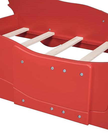 Car Shaped Toddler Bed with Wheels,Racecar Platform Beds W/Safety Guardrail,Slats Support,Stylish Design,Easy Assembly,Wood Twin Bedframe for Boys Toddlers Kids Teens Bedroom,Red - LeafyLoom