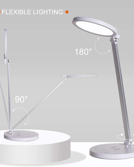 LED Desk Lamp Wireless Charger, Aluminum Dimmable Eye-Caring Table Lamp with 5 Lighting Models with 5 Brightness Levels, Touch Control and Memory Function, USB Charging Port, 8W, White…… - LeafyLoom