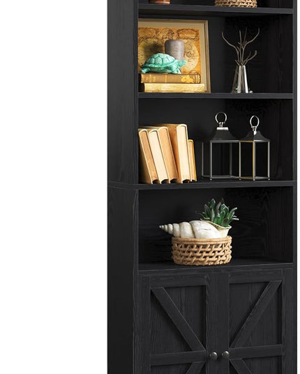 oneinmil 6 Tier Bookshelf and Bookcase, Wooden Bookshelves with Cabinet Doors, Floor Bookshelves and Office Storage Cabinets for Home Office, Living Room,Black - LeafyLoom