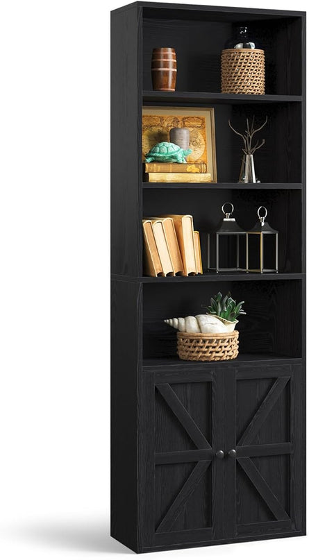 oneinmil 6 Tier Bookshelf and Bookcase, Wooden Bookshelves with Cabinet Doors, Floor Bookshelves and Office Storage Cabinets for Home Office, Living Room,Black - LeafyLoom