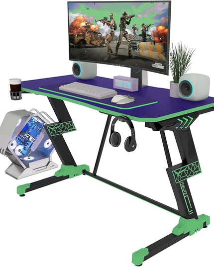 Gaming Desk 47 inch, PC Computer Desk RGB Light Gaming Table with Cup Holder, Earphone Hook, Power Strip Box, Green - LeafyLoom
