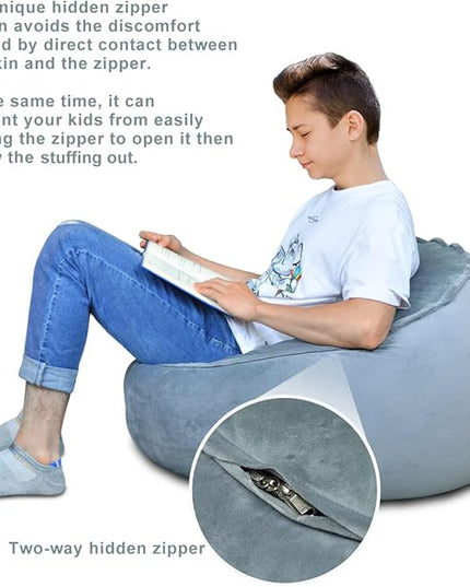 Bean Bag Chair Cover, Stuffed Animal Storage, Plush Toys Organizer Holder, Beanbag Chairs Cover for Kids Teans and Adults Super Soft and Comfortable Fabric X-Large with Handle and Zipper -Round Grey - LeafyLoom