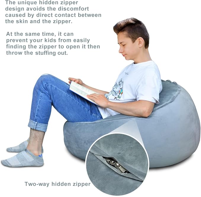 Bean Bag Chair Cover, Stuffed Animal Storage, Plush Toys Organizer Holder, Beanbag Chairs Cover for Kids Teans and Adults Super Soft and Comfortable Fabric X-Large with Handle and Zipper -Round Grey - LeafyLoom