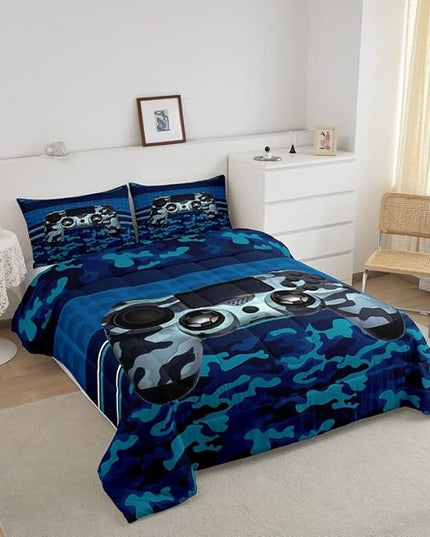 Feelyou Gamer Comforter Set Camouflage Gaming Video Game Bedding Set for Kids Boys Children Blue Camo Gamer Console Comforter Soft Gamepad Decor Quilt Set Queen Size - LeafyLoom