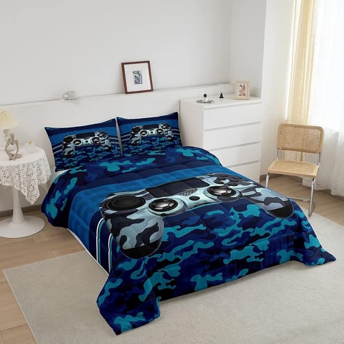 Feelyou Gamer Comforter Set Camouflage Gaming Video Game Bedding Set for Kids Boys Children Blue Camo Gamer Console Comforter Soft Gamepad Decor Quilt Set Queen Size - LeafyLoom