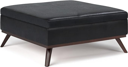 SIMPLIHOME Owen 36 Inch Wide Mid Century Modern Square Coffee Table Lift Top Storage Ottoman in Upholstered Midnight Black Faux Leather, For the Living Room - LeafyLoom