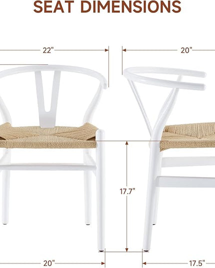 Farini Rattan Chairs for Dining Room Wishbone Chair Solid Wood Armchairs Y Shaped Backrest Hemp Seat for Home Restaurant Fully-Assembled(Set of 2,White-Beige Seat) - LeafyLoom